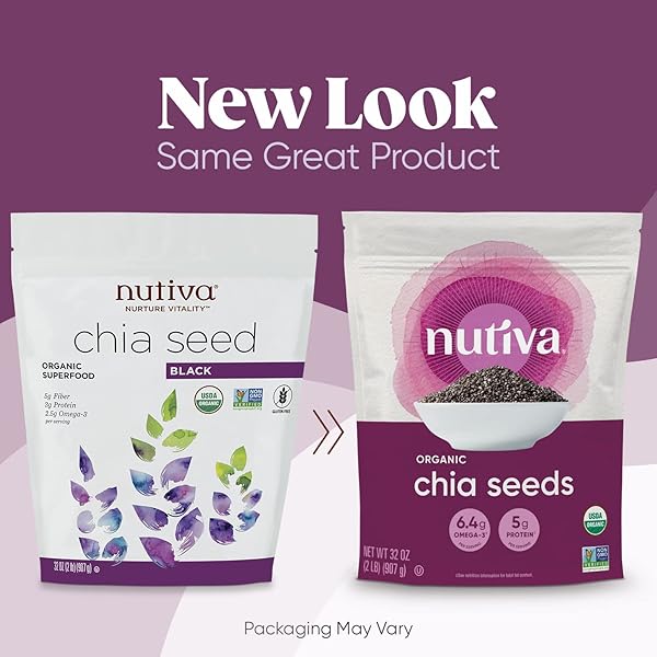 NUTIVA USDA ORGANIC PREMIUM NUTRIENT-DENSE RAW BLACK CHIA SEEDS WITH 3G PROTEIN & 5G FIBER FOR SALADS, YOGURT & SMOOTHIES, NON-GMO, VEGAN, GLUTEN-FREE, KETO & PALEO, 32 OUNCE