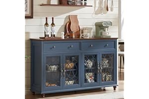 Joaxswe Farmhouse Sideboard Buffet Cabinet with Storage,59" Large Credenza with 4 Glass Doors & 2 Drawers,Adjustable Shelves Console Table,Wood Kitchen Coffee Bar for Dining Room,Living Room,Navy Blue