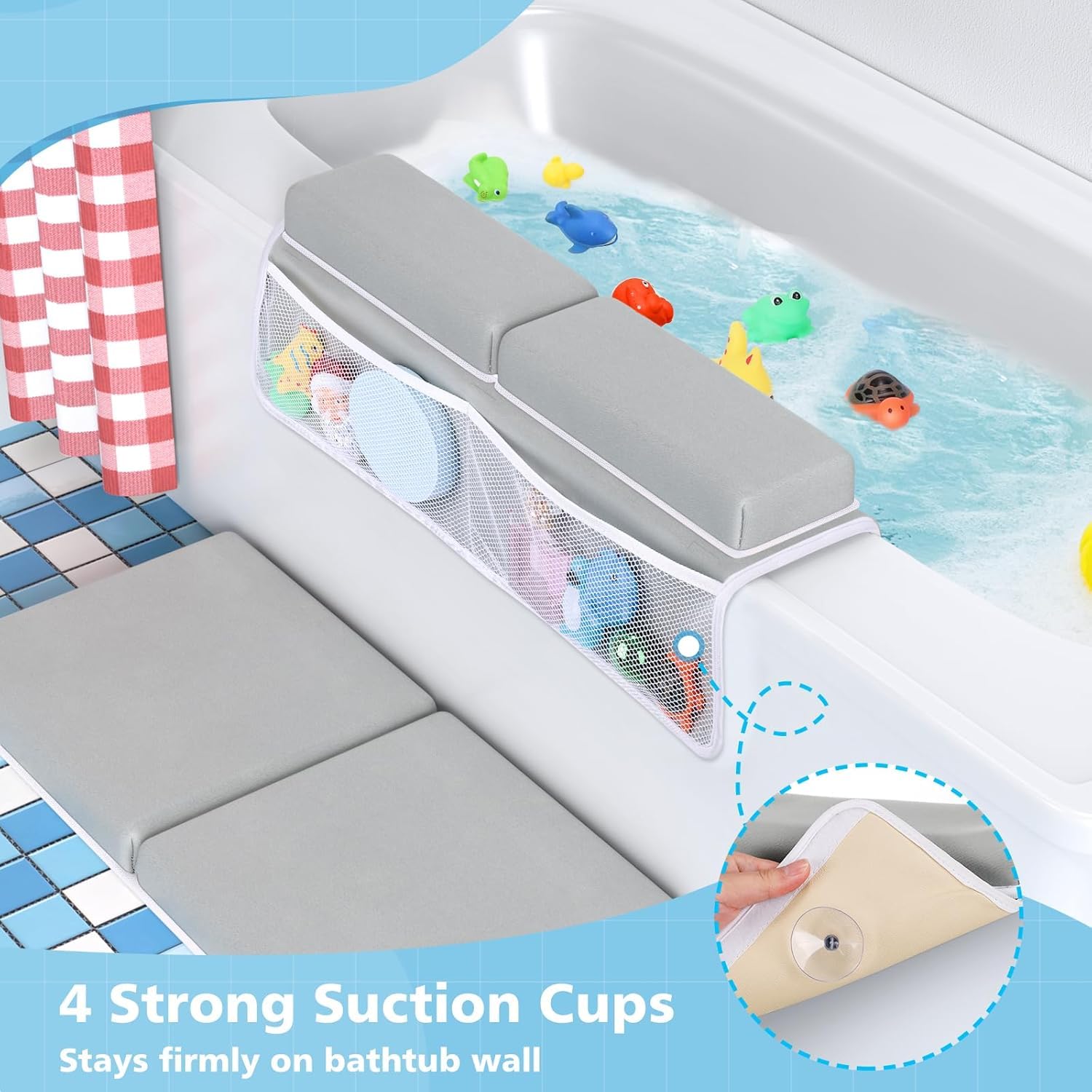 Bath Kneeler and Elbow Rest Pad Set - Gray Green - 1.5 inch Extra Thick Baby Bathtub Kneeling Pad and Removable Elbow Pad,with Baby Bath Toys and Organizer Pockets - Easy to Clean-Tiikiy