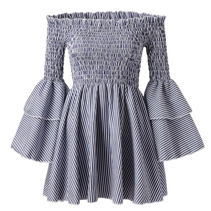TWIFER Sommerkleid Damen Urlaub Schulterfrei StripeParty Freizeitkleid Langarm Minikleid