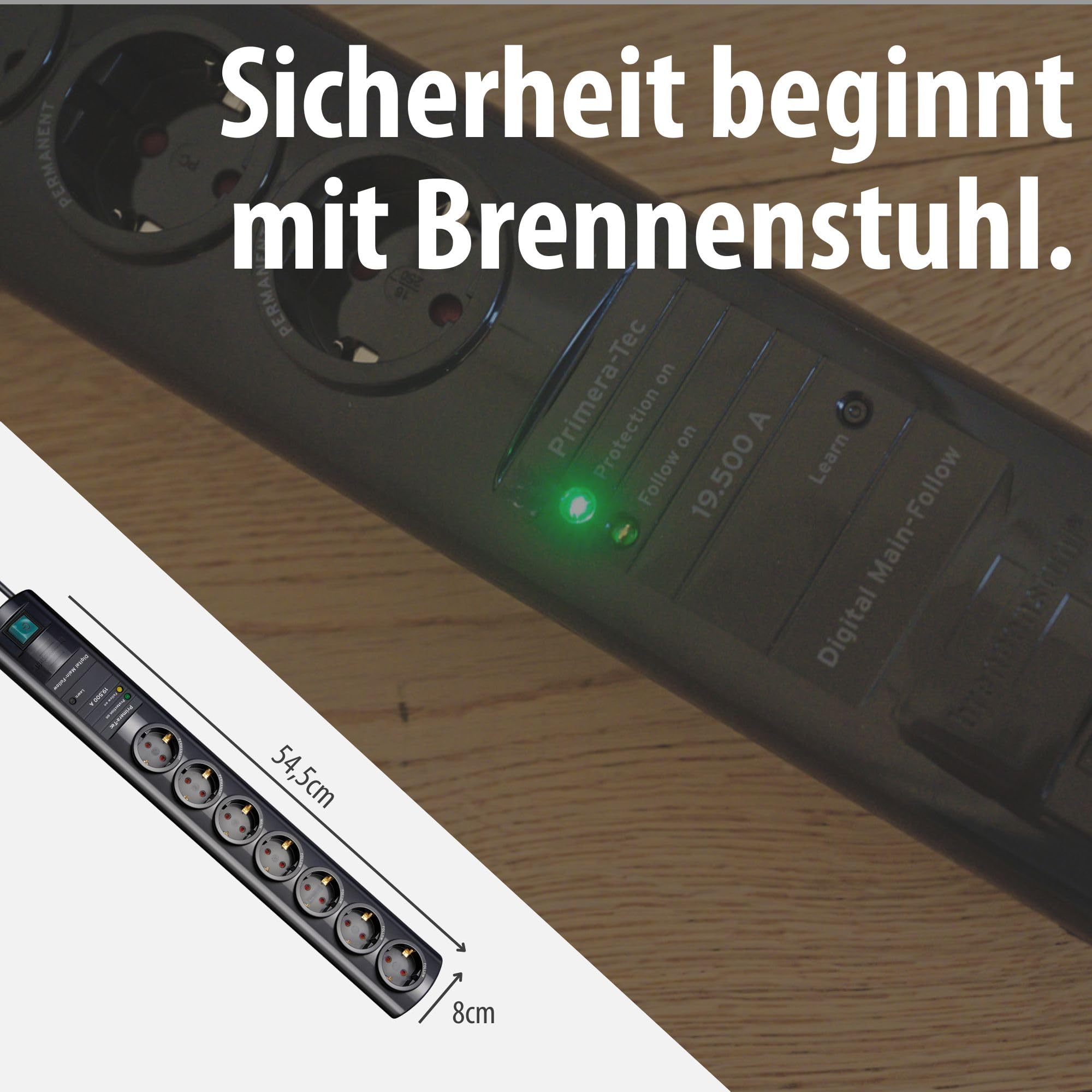 Brennenstuhl Primera-Tec Steckdosenleiste 7-Fach mit Überspannungsschutz 19.500A (Steckerleiste mit 2m Kabel, Schalter, Main Follow Funktion) schwarz 7
