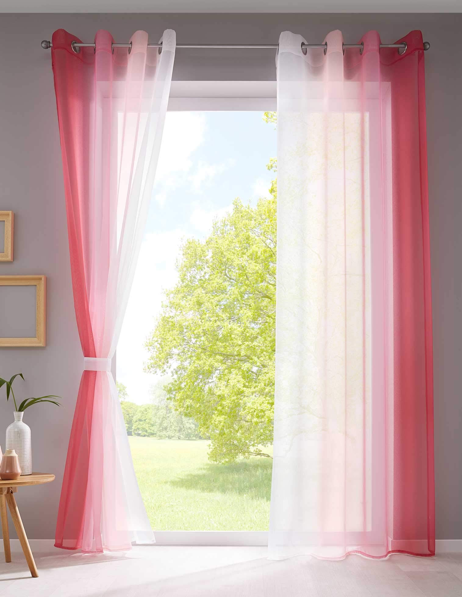 Gardinenbox Modena Pack of 2 Curtains Vertical Colour Gradient Print Transparent with Eyelets and Tiebacks, Decorative Curtain, 100% Polyester, Pink Tones H x W 225 x 140 cm