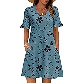 Zeagoo Summer Casual Dresses for Women A Line Sun Dress Ruffle Short Sleeve V Neck Floral Tshirt Dress with Pockets