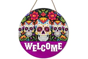 HSNBT Dia De Los Muertos Welcome Sign Decor Day of The Dead Decor for Home Front Door Porch Mexican Sugar Skulls Wooden Hanging Sign Decorations