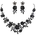 EVER FAITH Women's Austrian Crystal Simulated Pearl Rose Flower Leaf Necklace Pierced Earrings Set