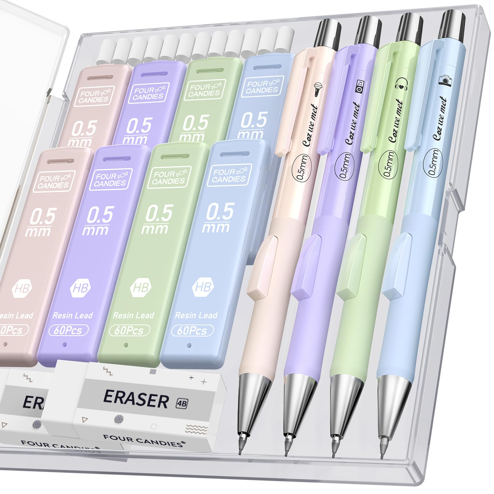 Four Candies Cute Mechanical Pencil Set with Case, 4PCS 0.5mm Pastel Fast Click Aesthetic Mechanical Pencils with 480PCS HB Lead Refills, 2 Erasers, 12 Eraser Refills School Supplies for Girls Writing