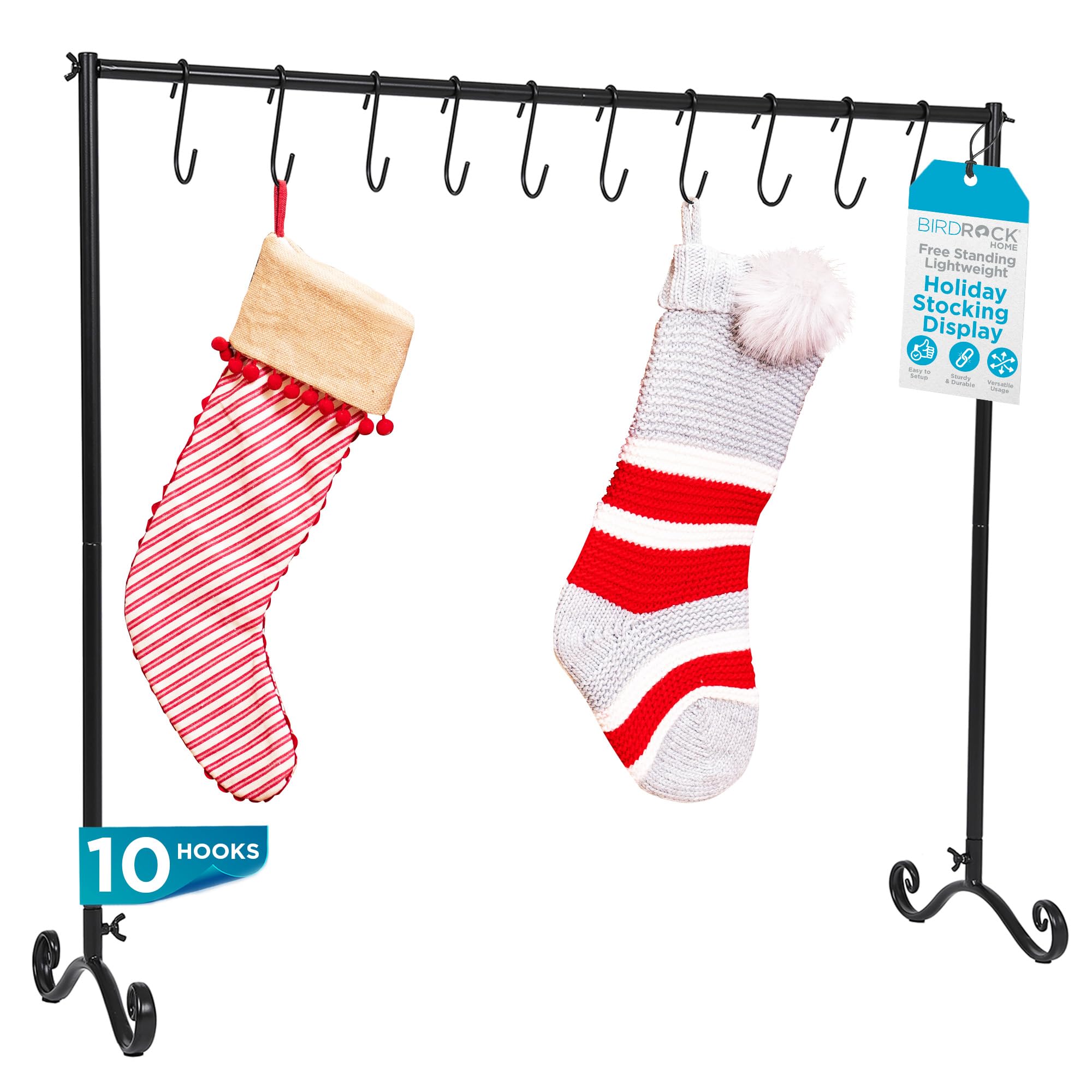 Photo 1 of BIRDROCK Home 10-Hook Christmas Stocking Holder Stand | Lightweight Iron Metal Freestanding Rack for Holiday Decor | Versatile Stocking & Ornament Hanger Display for Home, Floor & Living Room - Black