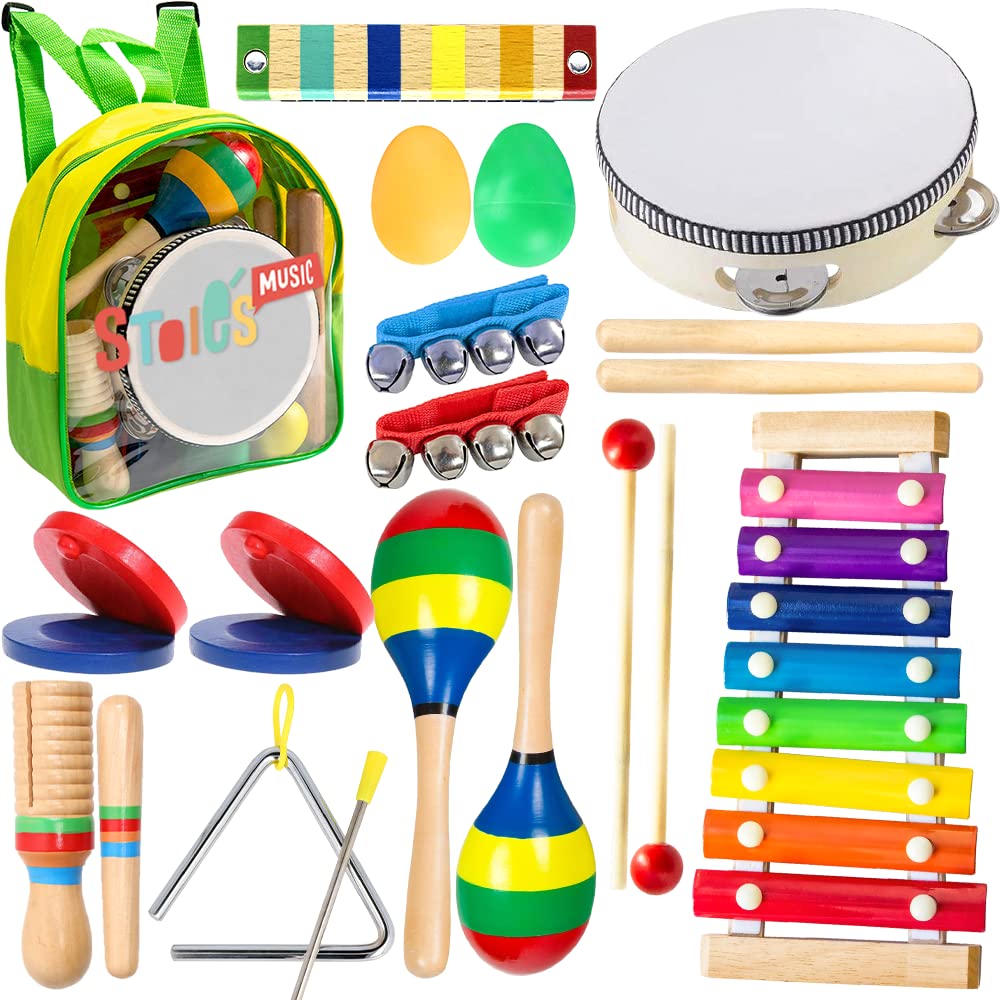 Stoie's Wooden Kids Musical Instruments, Baby Percussion Toys with Xylophone, Maracas, Tambourine, Durable, Safe to Play, Clear Sound, Bright Rainbow Colors, with a Storage Backpack
