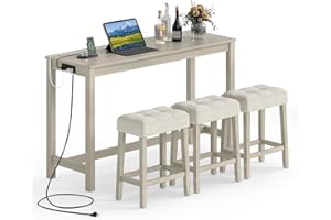 COSTWAY 4-Piece Breakfast Nook Bar Set with Built-in Charging Station, Counter Height Table with 3 Stools, Farmhouse Dining R