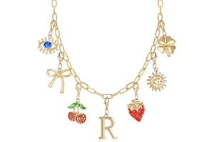 NEKOL Initial Charm Necklace for Women, Evil Eye Four-Leaf Clover Sun Bow Cherry Strawberry Removable Charms Necklace Paper Clip Chain Choker, Trendy Jewelry Birthday Christmas Gifts for Her