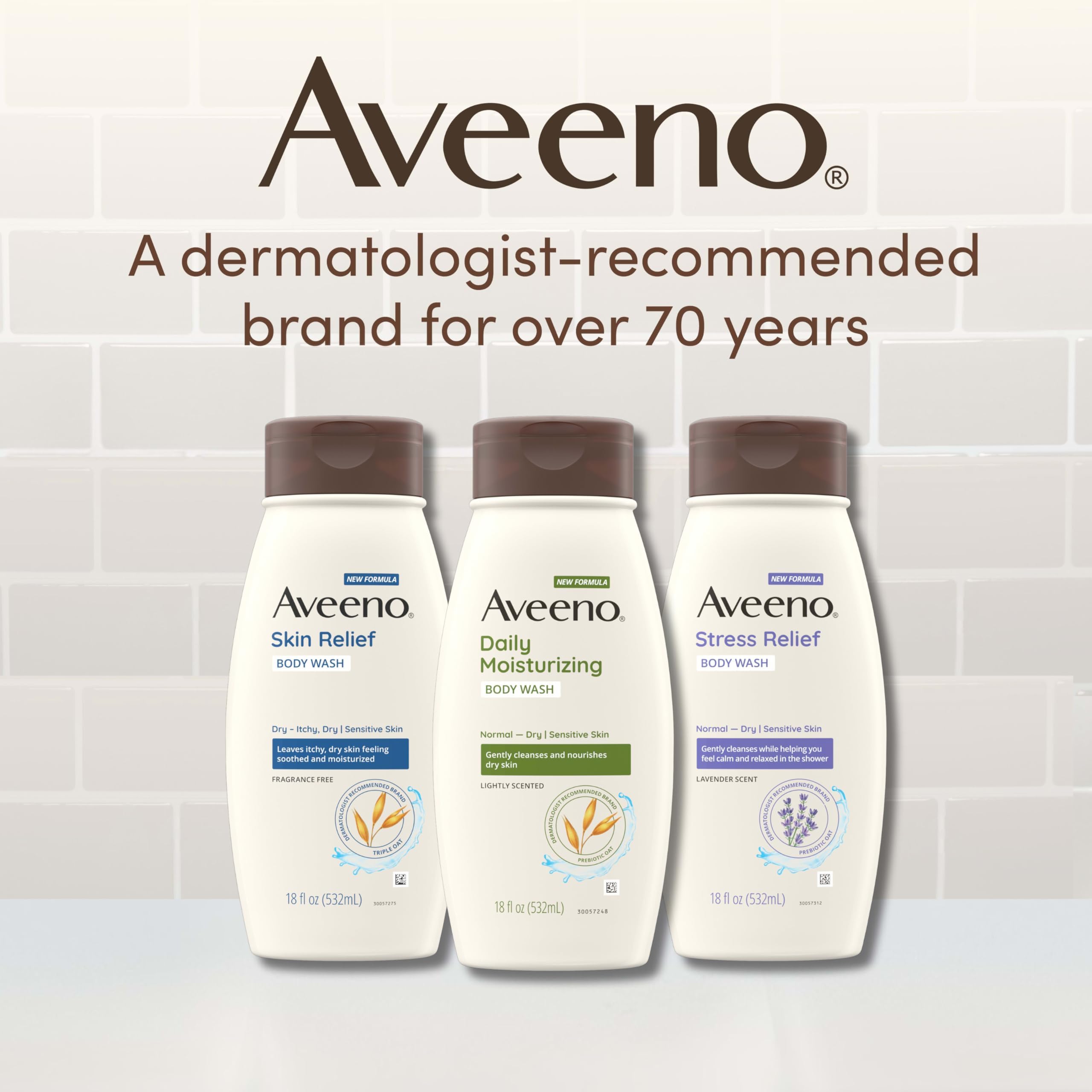 Aveeno Daily Moisturizing Body Wash for Dry & Sensitive Skin + Prebiotic Oat, Oat Body Wash & Gently Cleanses, Nourishes & Feels Hydrating on Dry Skin, Gentle & Light Fragrance, 18 fl oz