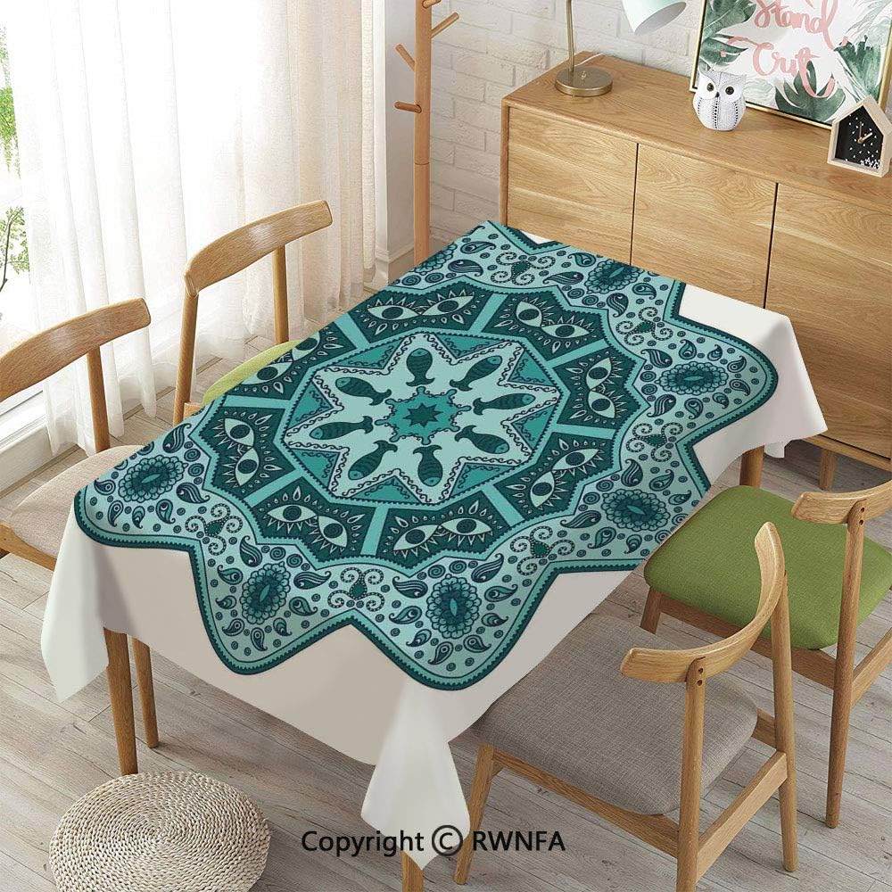 Homenon Wipe Clean Tablecloth for Rectangle Tables,Eastern Chinese Lace with Inner Eye Fish and Paisley Figures Artwork,Spillproof Modern Printed,Teal,52"X 70"