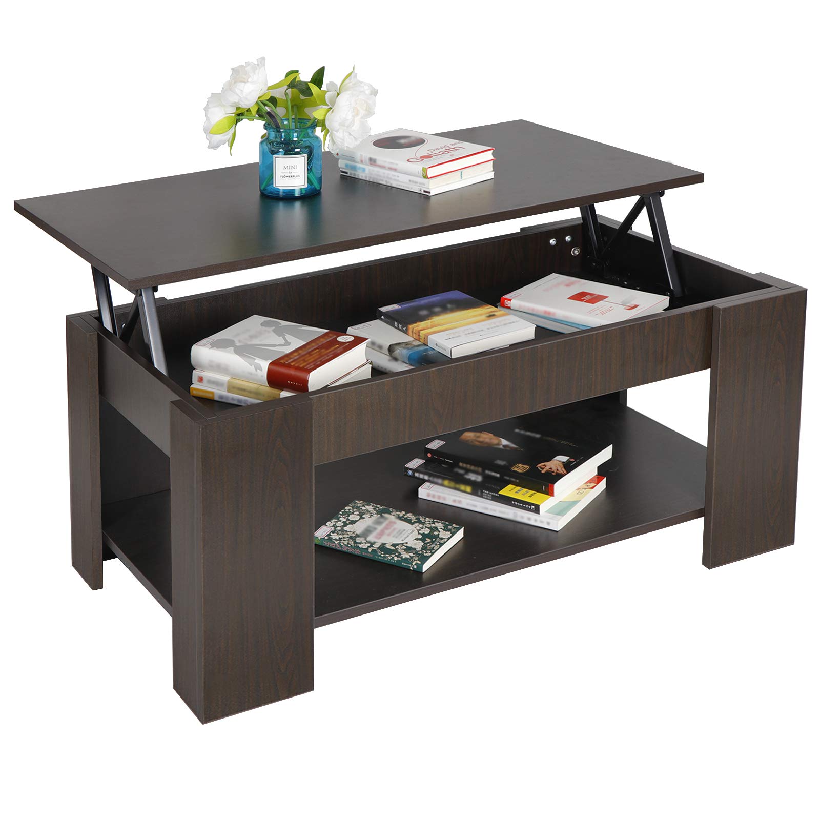 ZENY Lift Top Coffee Table with Hidden Compartment and Storage Shelves