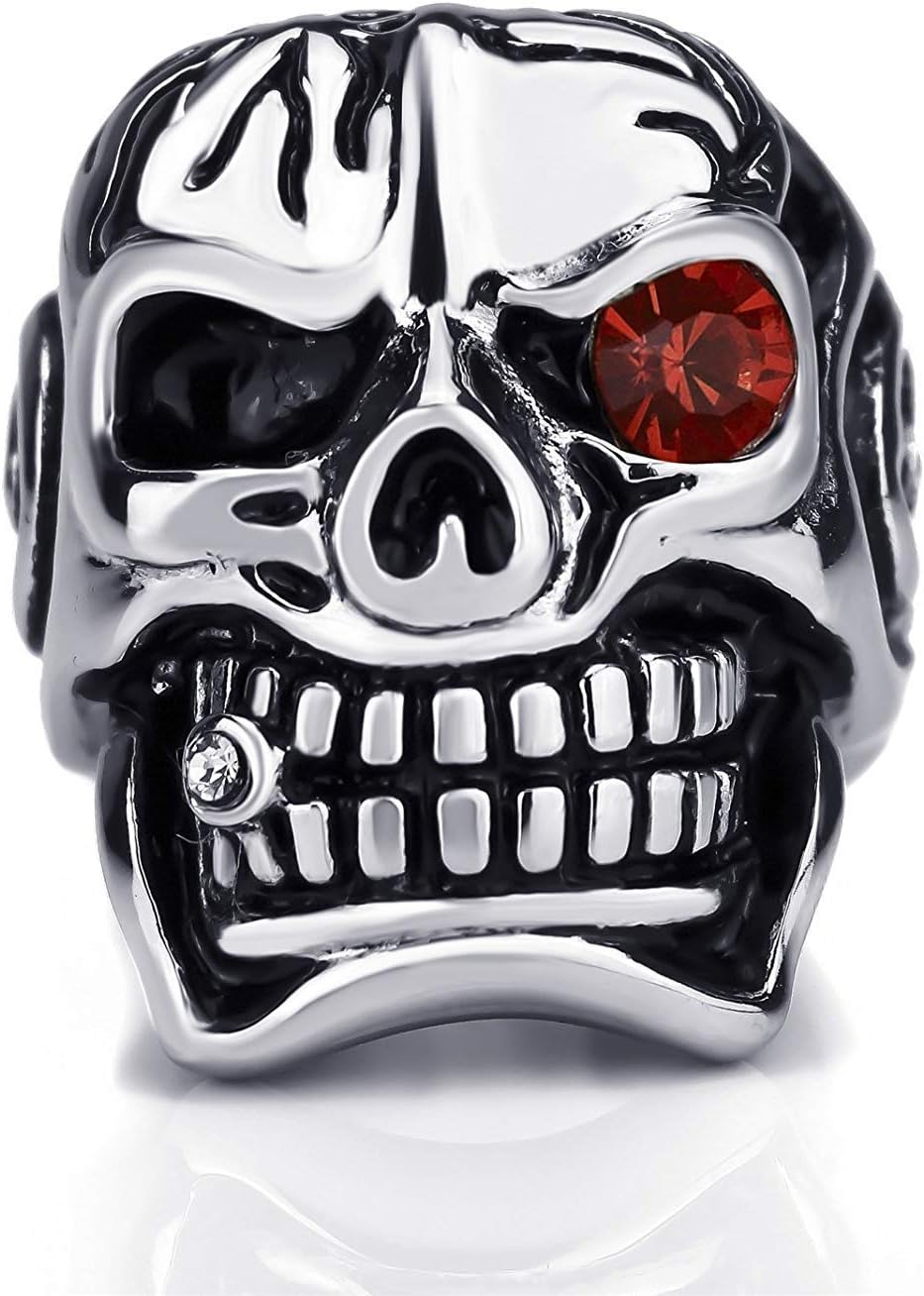 XBOMEN Men's Stainless Steel Biker Ring Band Huge Silver Skull Red Eye Cigar CZ Jewelry