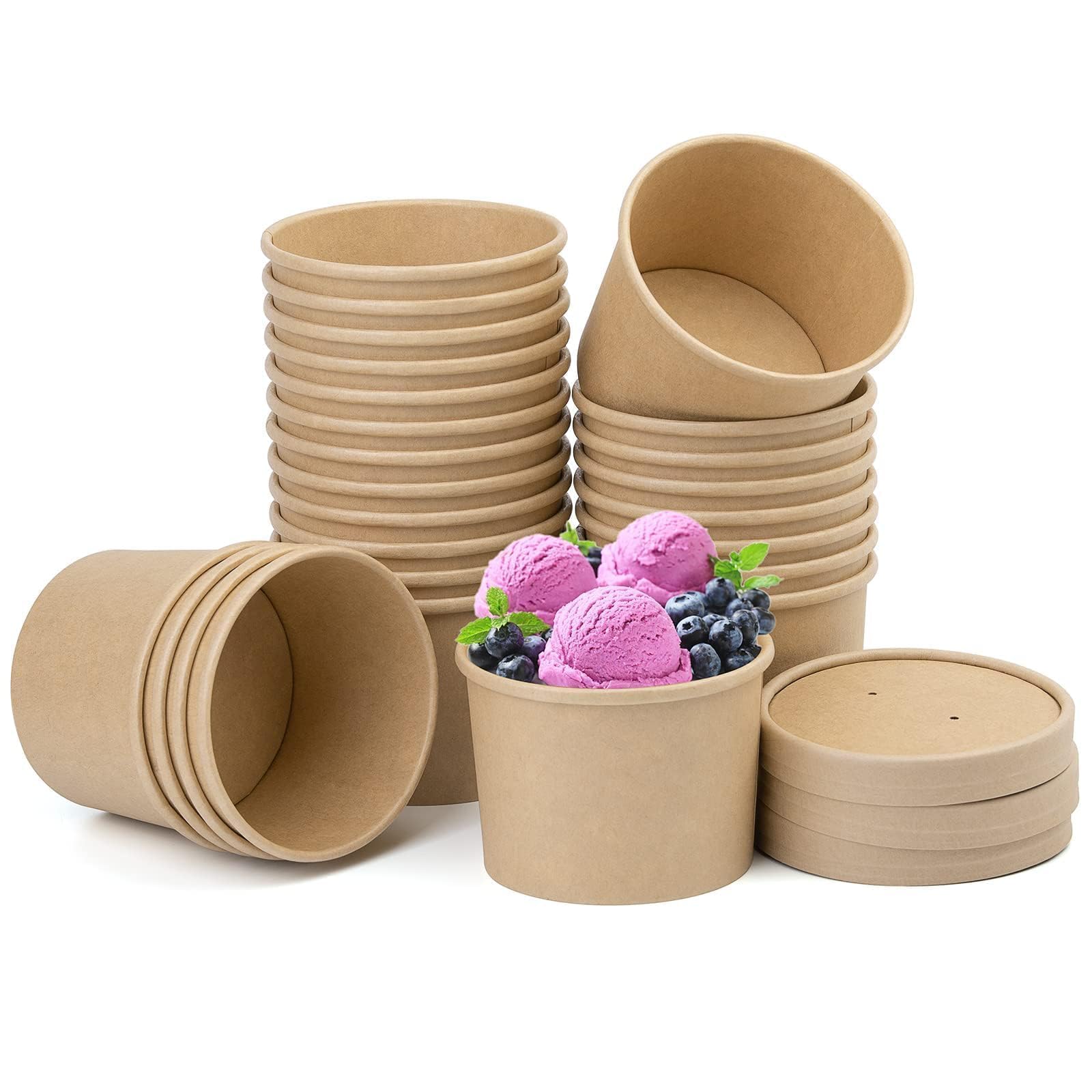 BUOKKON 25 Pack Ice Cream Containers, Soup Containers with Lids, Disposable Cups with Lids, Brown Kraft Soup Cups Paper Bowls Takeaway Tubs for Dessert (12oz / 350ML) — image 1