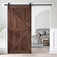 ROYMELO 42x84 inch Sliding Barn Wood Door Slab with 7ft Hardware Kit and Handle, Coffee, K Shape, Simple DIY Assembly