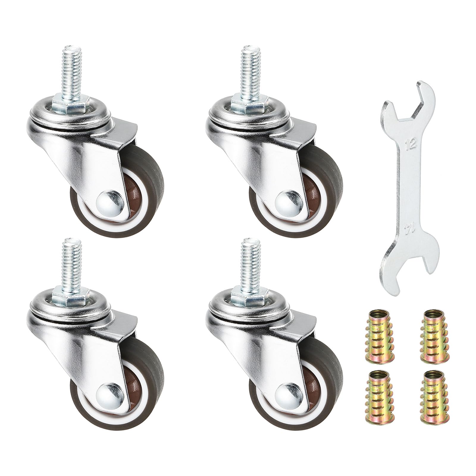 PATIKIL 1 Inch Mini Swivel Caster Wheels, 4Pcs M6x15mm Threaded Stem Casters Load Capacity 99 Lbs with Tool Set for Furniture Trolley Cart, Brown