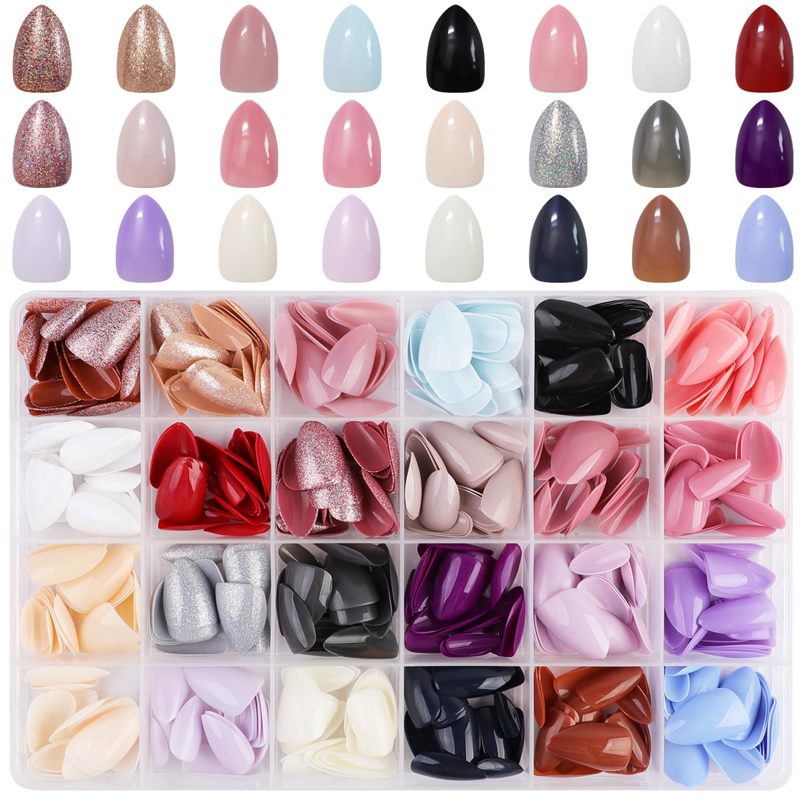 JUSTOTRY 576 Pcs Matte Almond Press on Nails Short,24 Color False Nails Oval,Reusable Solid Stick on Nails Kit for Women,Glitter Fake Nail French for Nail Art Gifts