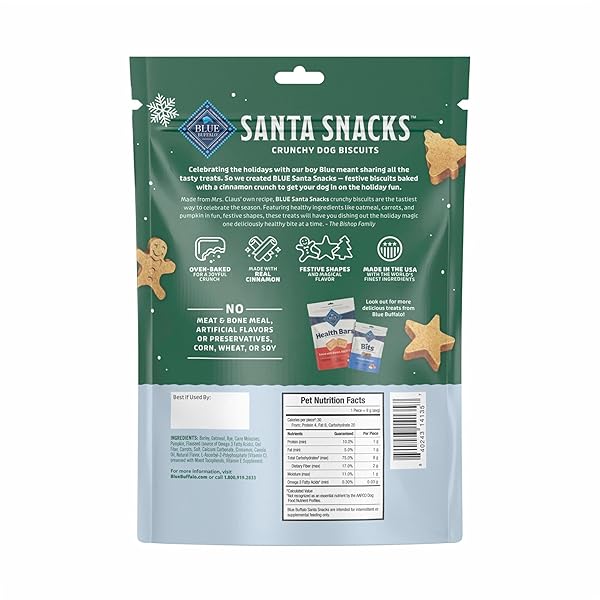 BLUE BUFFALO SANTA SNACKS CRUNCHY DOG BISCUITS, OVEN-BAKED WITH NATURAL INGREDIENTS, OATMEAL & CINNAMON, 11-OZ BAG
