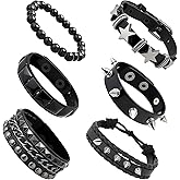 JATEBI 6 Pcs Punk Rock Studded Bracelet Set Leather Cuff Bracelets for Men Women 80s Spike Punk Cuff Grunge Bracelet Adjustable Emo Punk Accessories