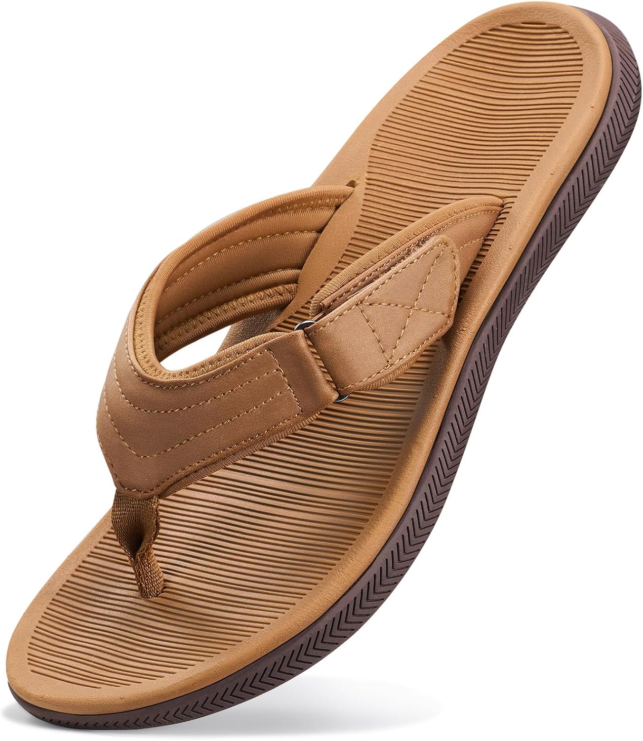 ZURIN Beach Flip Flops for Men, Rubber Mens Sandals with Arch Support, Waterproof Leather Thong Sandals Slip On with Adjustable Straps Soft Cushion Footbed Summer Indoor Outdoor