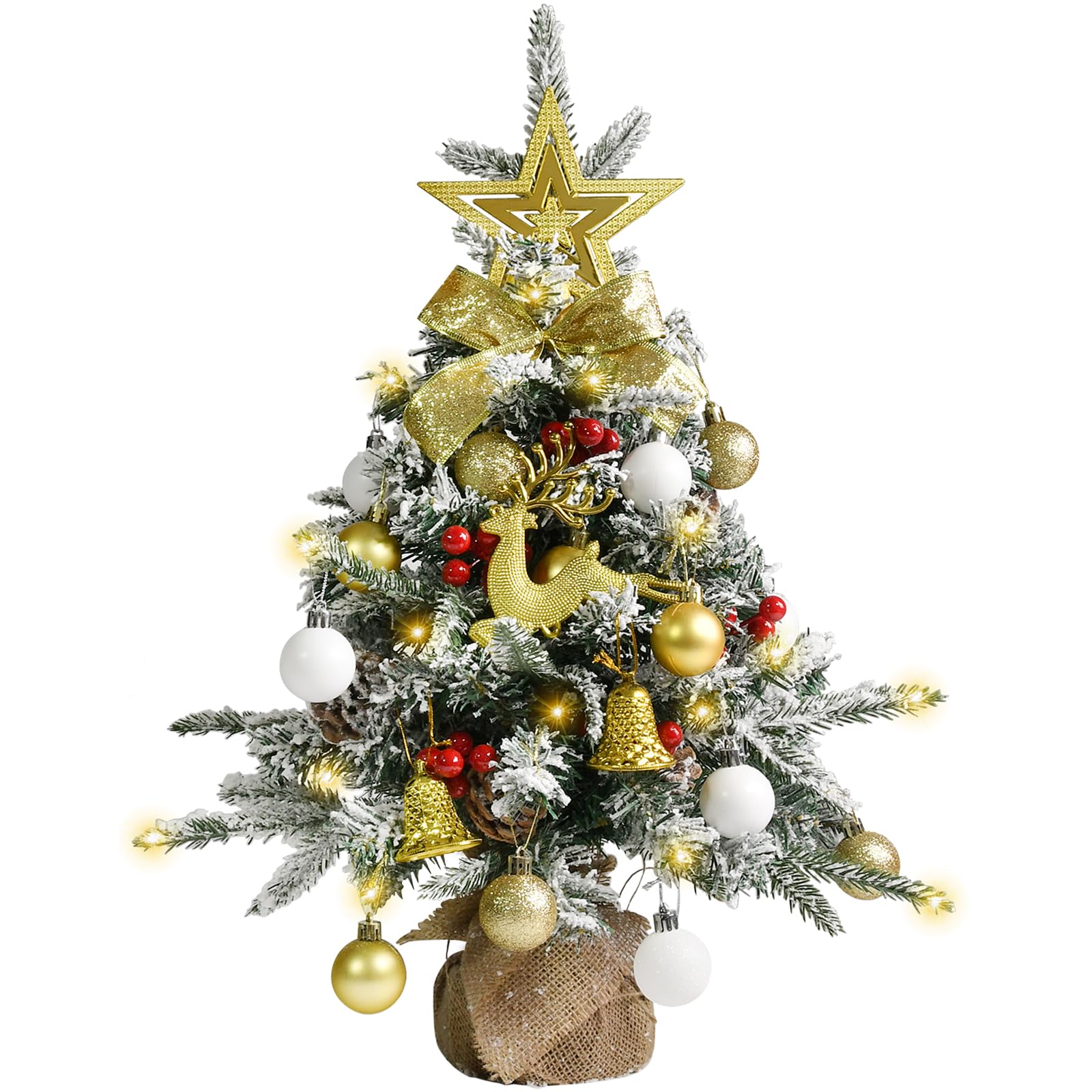 Photo 1 of Tabletop Christmas Tree 24 Inch / 2 FT Mini Artificial Christmas Tree with 40 LED Lights, Battery Operated Small Xmas Tree for Indoor Tabletop or Desktop Decoration (White and Gold Ornament Tree)