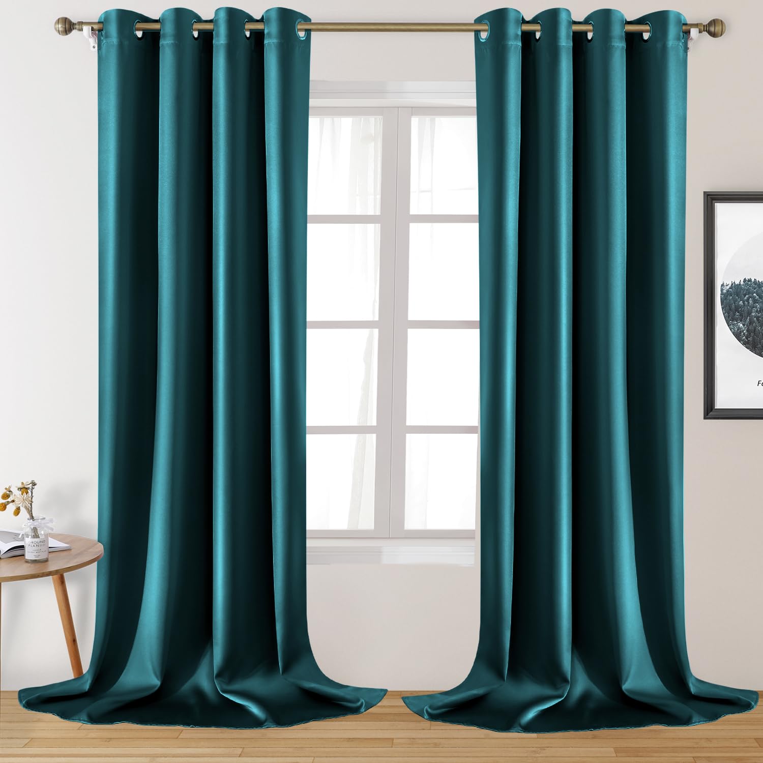 Photo 1 of HOMEIDEAS 2 Panels Teal Faux Silk Blackout Curtains, 52 X 108 Inch Room Darkening Satin Thermal Insulated Window Drapes for Bedroom, Indoor, Nursery