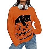 MARZXIN Womens Halloween Sweater Pumpkin Long Sleeve Round Neck Merry Christmas Holiday Loose Pullovers Tops