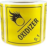 Hazard Class 5 D.O.T. Oxidizer Labels, 4 x 4 Inch Square Yellow and Black Hazmat Stickers, 500 Total Adhesive Labels on a Roll for Shipping and Compliance – Made in The USA