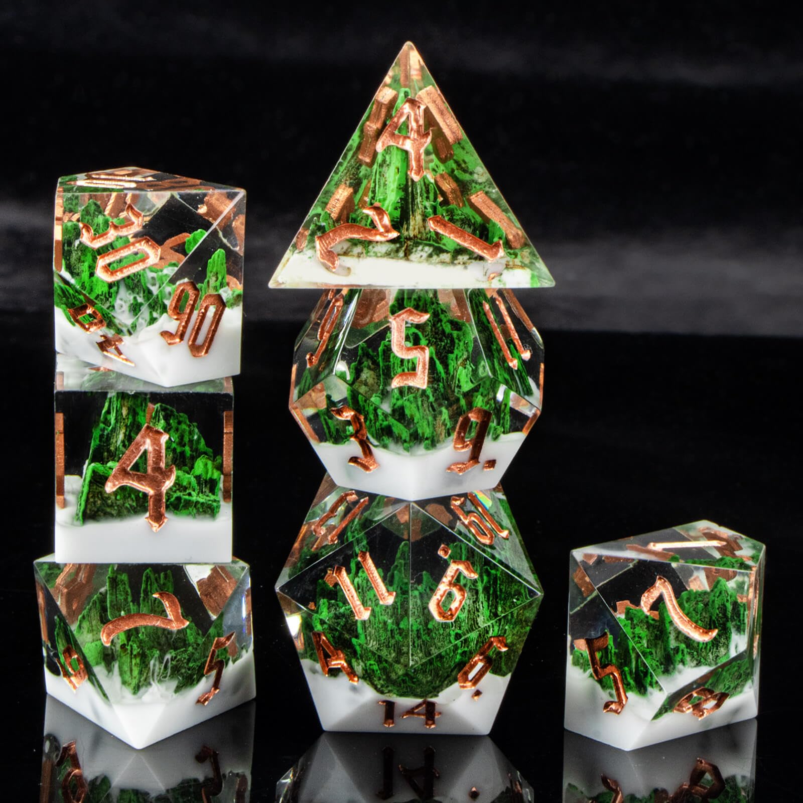 KERWELLSI DND Dice Set D&D, 7pcs Sharp Edge Resin D and D Dice with Gift Box, Nature Forest Mountain Dungeon Dragon Role Playing Dice D20 D12 D10 D8 D6 D4
