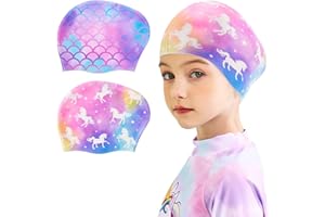 2 Pack Kids Swim Cap Silicone Waterproof Swim Caps for Boys Girls (3-8 Years) Unicorn Mermaid Design Swimming Cap for Kids 3-