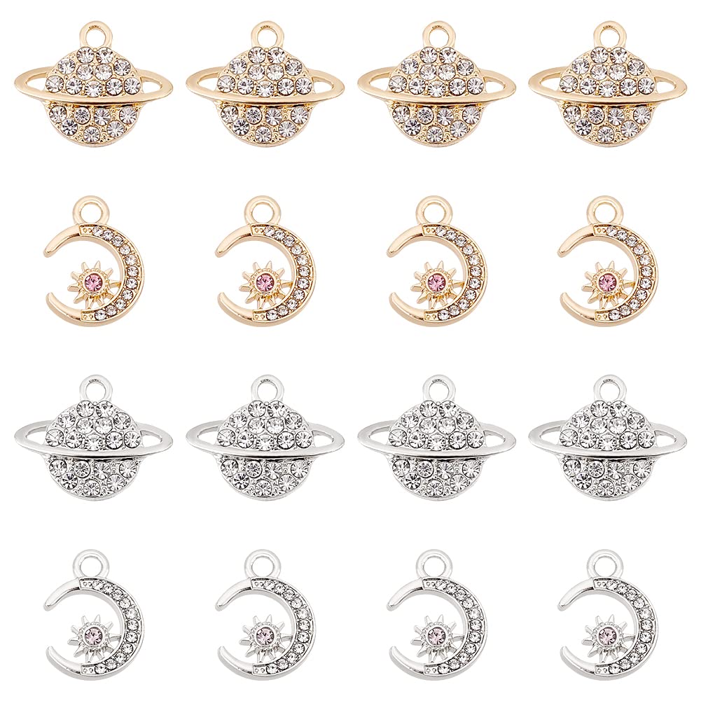 UNICRAFTALE 32Pcs 2 Styles 2 Colors Planet Pendants Crescent Moon Charms Alloy Pendants with Rhinestone 15~15.5mm Rhinestone Planet Charms Crescent Moon Necklace Pendants for Jewelry Making