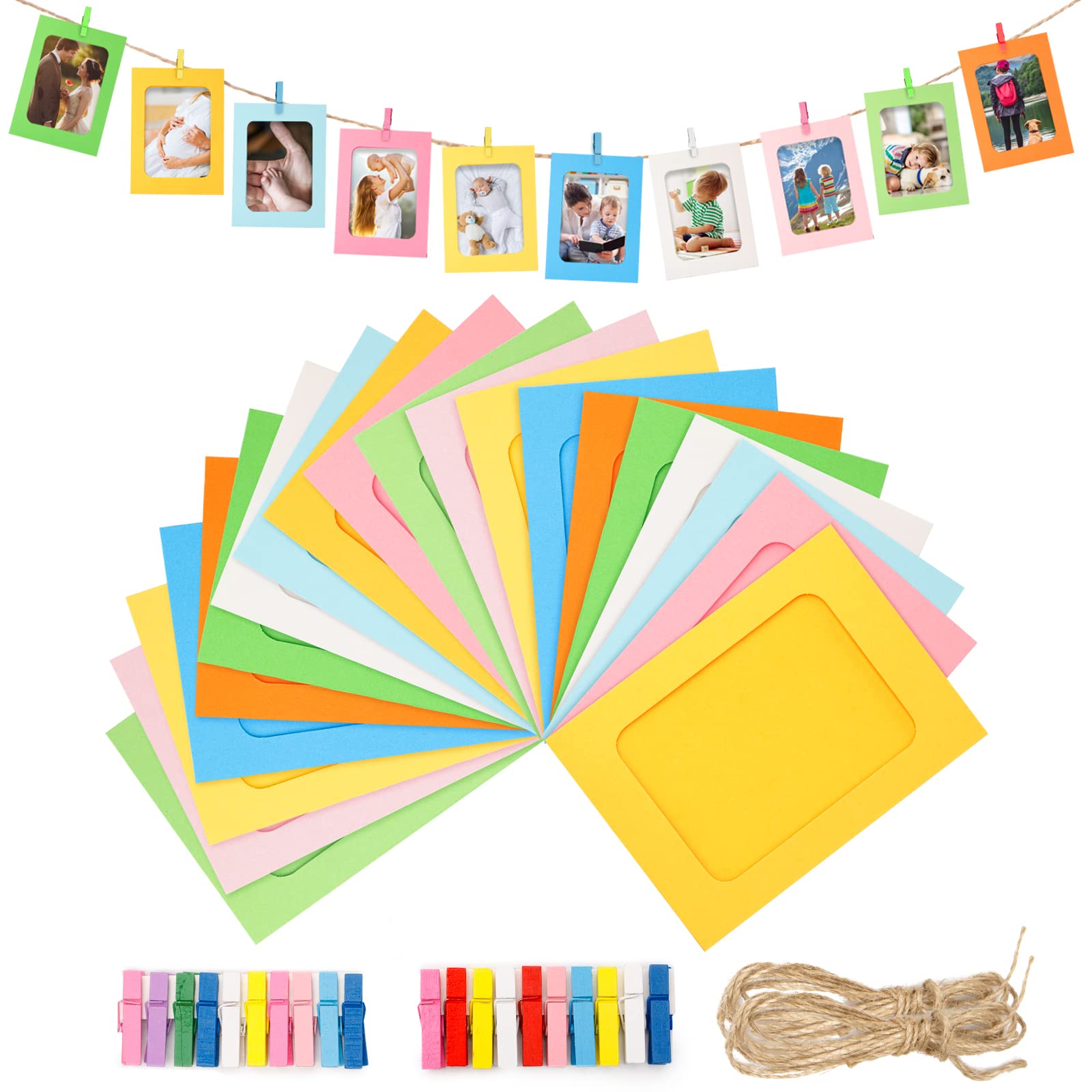 jijAcraft 20Pcs Paper Photo Frames, 10x15 CM Paper Picture Frame With Wooden Clips and String, DIY Creative Hanging Photo Frames Set for Home Dorm Office Wall Decor
