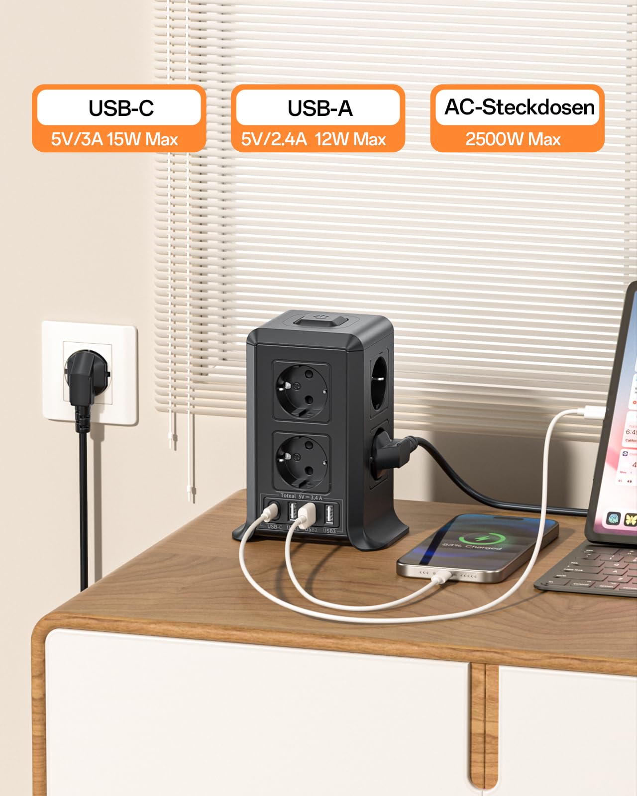 Mehrfachsteckdose mit USB C, 8 Fach Steckdosenleiste mit Schalter, Steckdose mit 4 USB, Mehrfachstecker 3M Verlängerungskabel, Steckdosenwürfel mit Überspannungsschutz für Zuhause,Büro,Küche,2500W 3