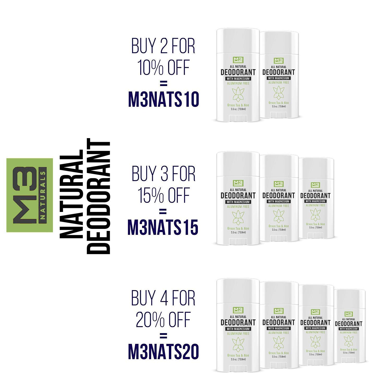 M3 Naturals Natural Deodorant with Magnesium, Green Tea and Aloe - Long-Lasting, Non-Toxic, Free of Aluminum, Baking Soda, Parabens, Sulfates and Gluten – For Men and Women - Vegan, Organic 2.5 oz : Beauty