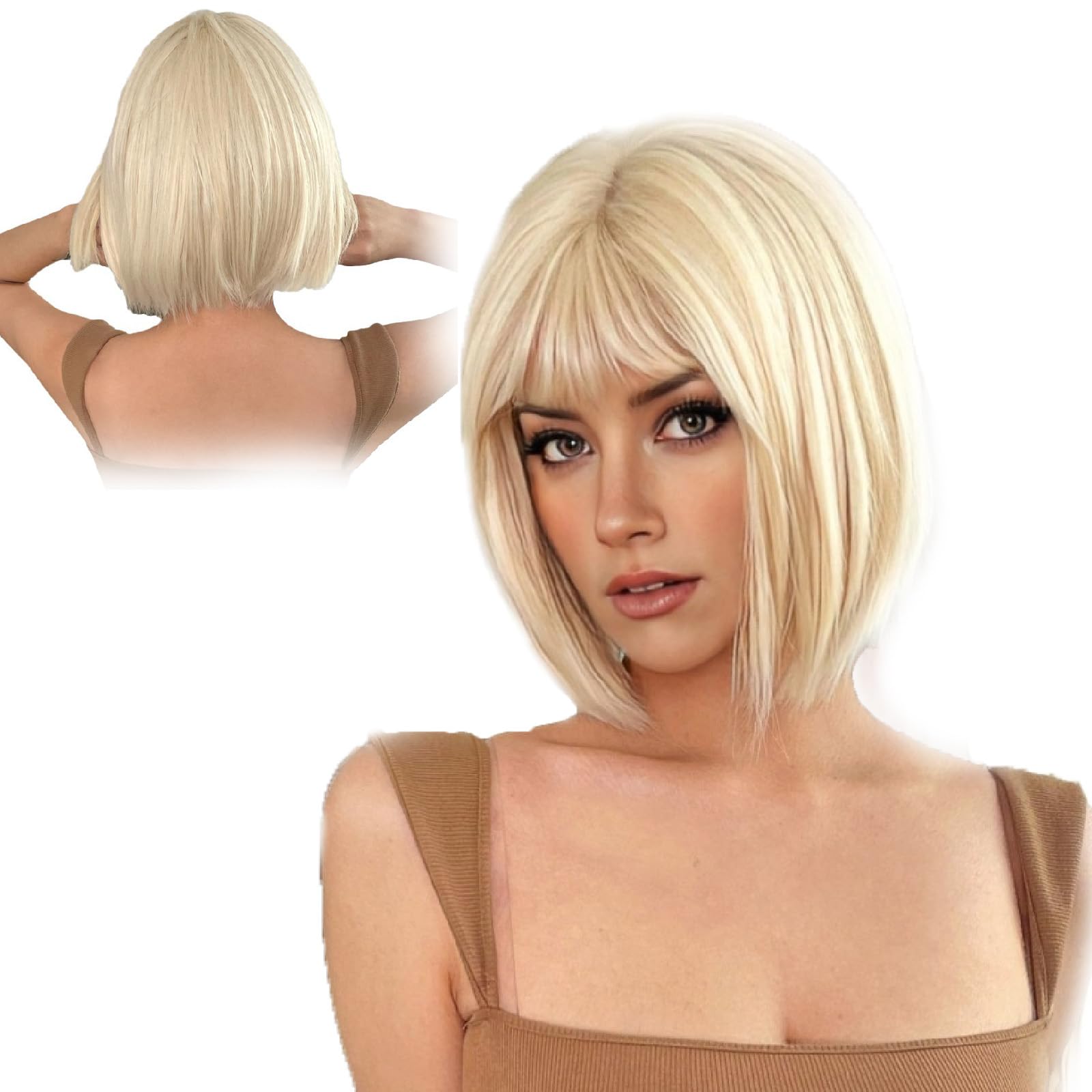 Short Blonde Bob Wig With Bangs for Women - Straight Stylish Ladies Wig for Daily and Party Use, Cosplay, Halloween, Christmas