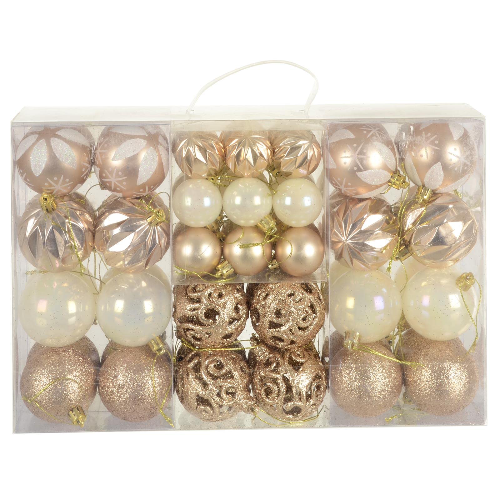 Set of 67 Christmas Baubles Tree Decorations Assorted Designs Sizes Carry Case - Champagne