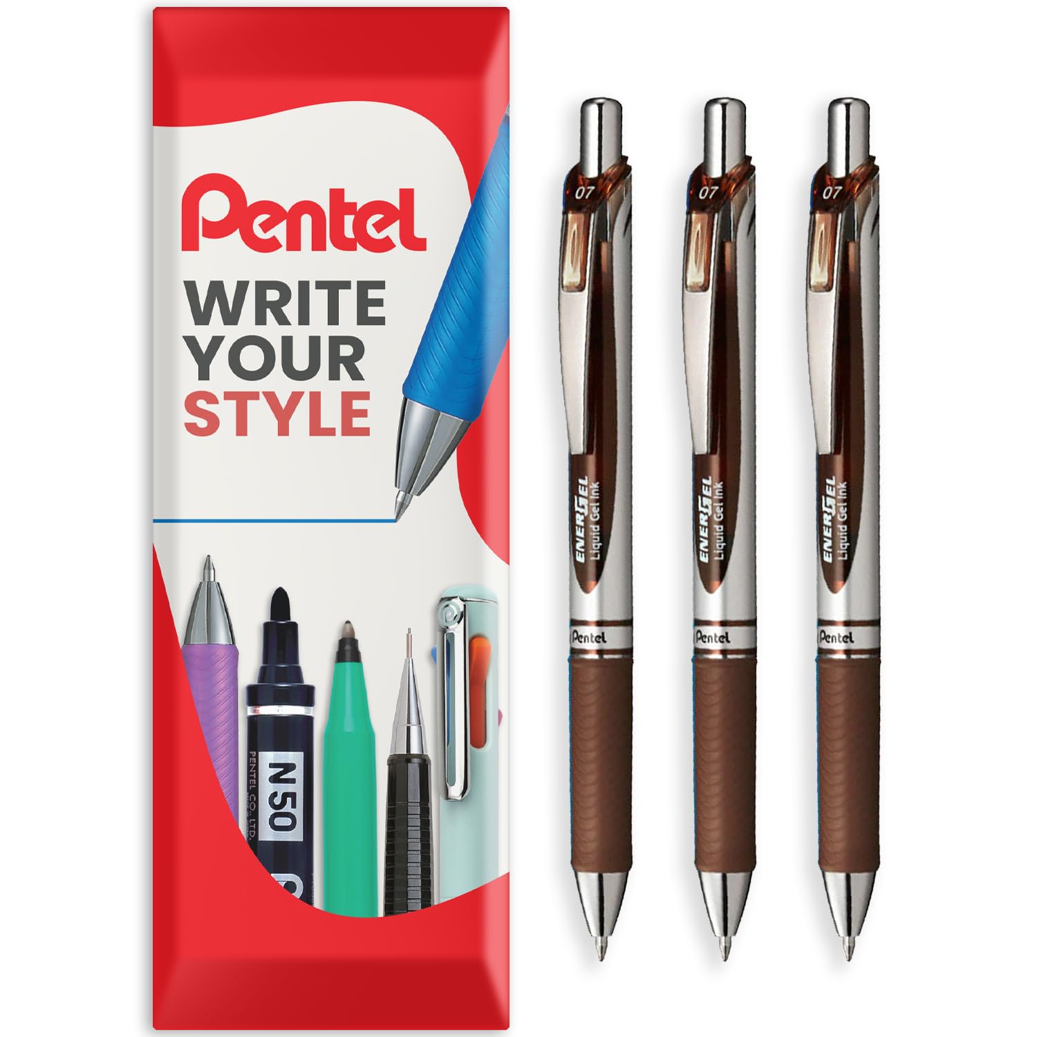 Pentel EnerGel XM BL77 - Retractable Liquid Gel Ink Pen - 0.7mm - 54% Recycled - In Envelope Gift Packaging - Pack of 3 - Brown