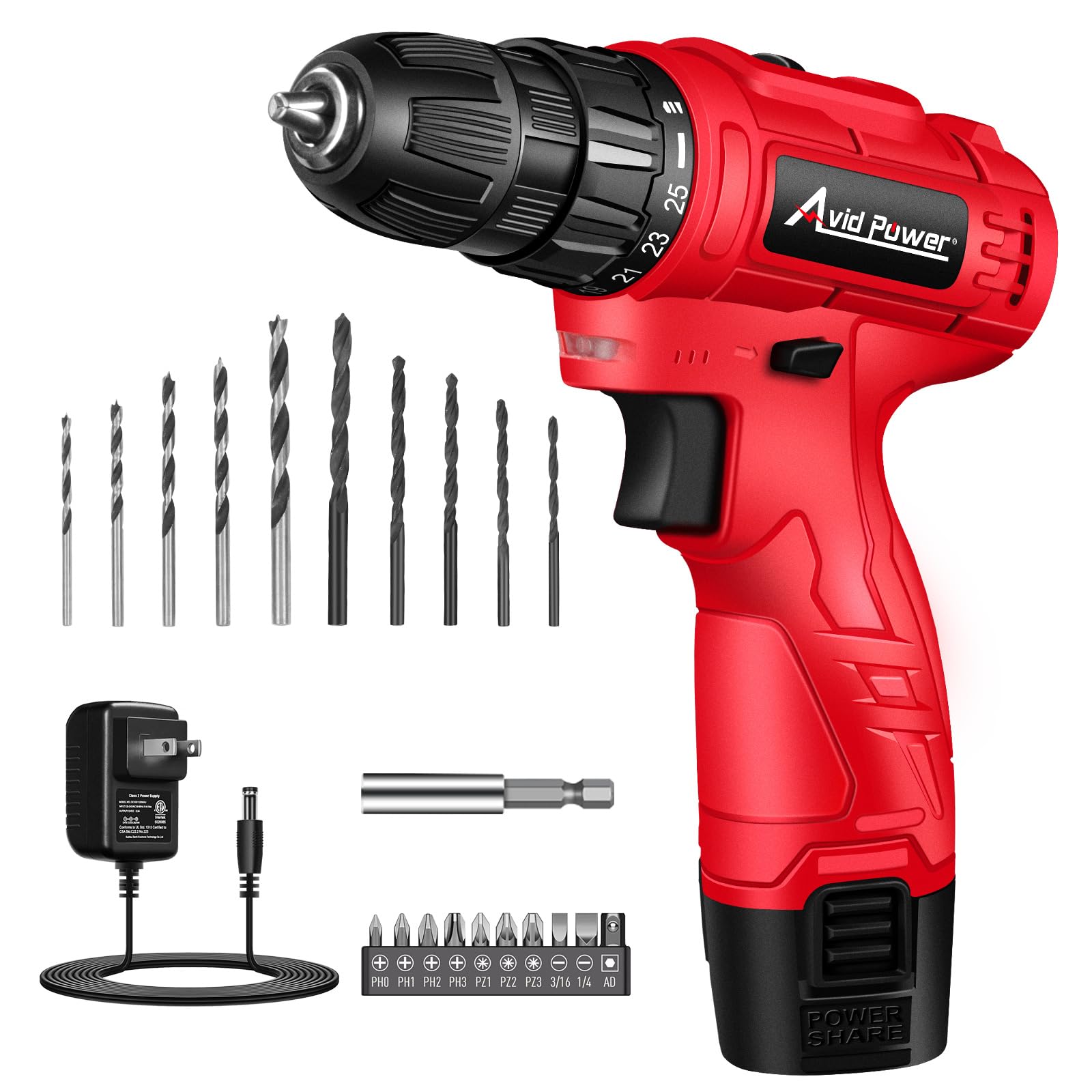 AVID POWER 12V Cordless Drill, 3/8-Inch Keyless Chuck, High-Speed 1400 RPM & 25+1 Torque Control, Electric Power Drill Kit with 21pcs Bits, Battery and Charger Image