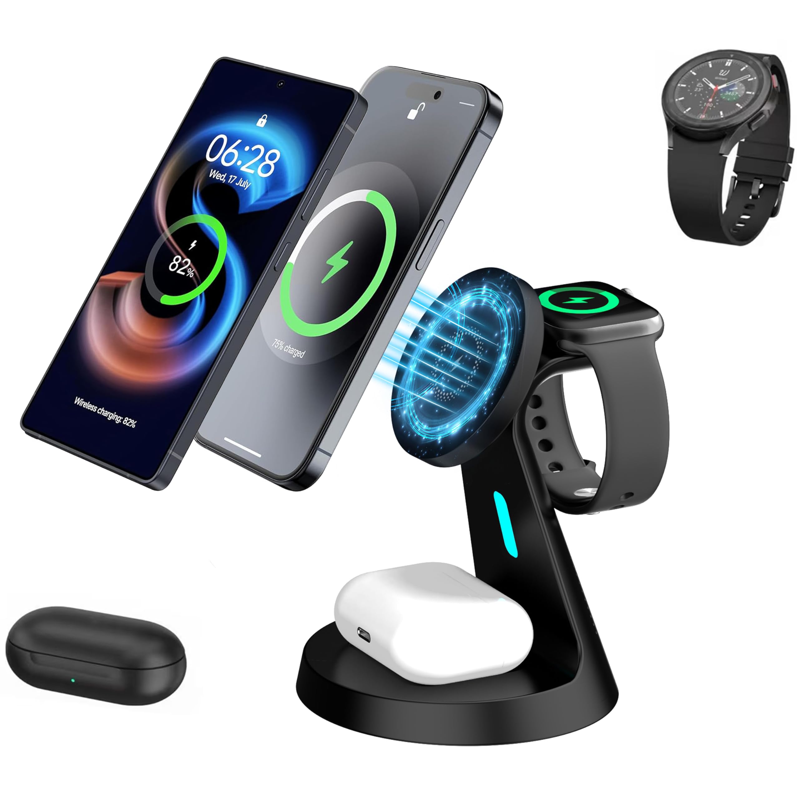 ππππ πππ° Magnetic Wireless Charger for Samsung & Apple Devices, 3 in 1 Charging Station Magnetic Charger Stand simultaneously Compatible with Samsung and Apple Series Black