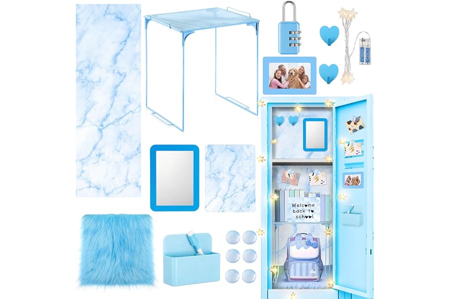 CroBlissful 18 Pcs Blue School Locker Accessories First Day of School Essential with Locker Magnetic Wallpaper Mirror Rug Shelf Organizer Whiteboard Marker Pen Holder Other Accessory (Marble)