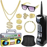 juciasouul 11 PCS 80s 90s Hip Hop Costume Kit,80s 90s Costumes Outfit for Men Women Rapper Accessories Mobile Phone Inflatable Radio Box Necklace Bracelet Ring Glasses Hat Halloween Party Decoration