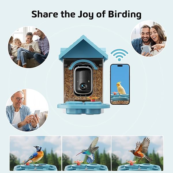SMART BIRD FEEDER WITH CAMERA, 2K HD SOLAR POWERED BIRDHOUSE WITH CAM FOR OUTDOORS, AI IDENTIFY BIRDS SPECIES, AUTO CAPTURE & REAL-TIME NOTIFICATIONS (BLUE)