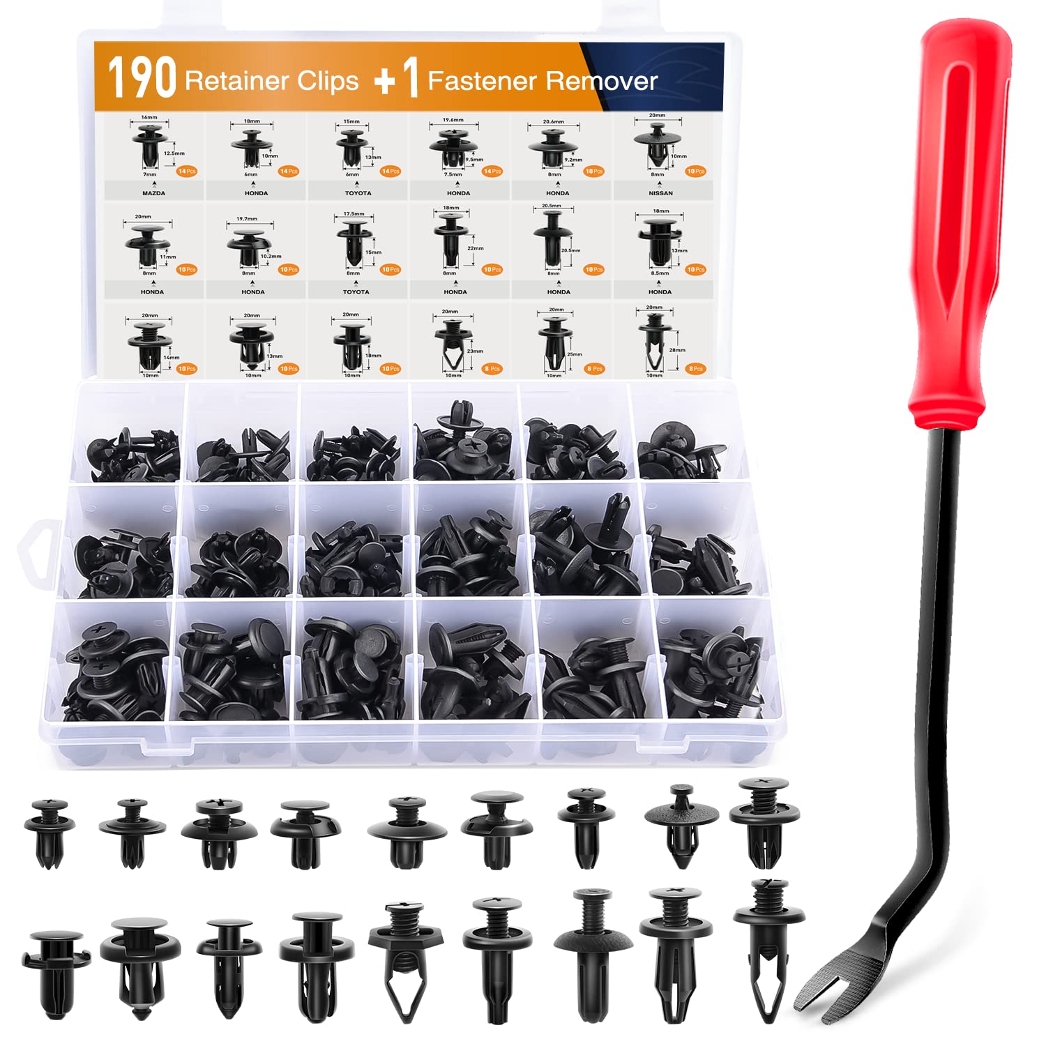 Photo 1 of GOOACC 190 Pcs Car Retainer Clips & Fastener Remover - 18 Most Popular Sizes & Applications Auto Push Pin Rivets Set -Door Trim Panel Clips for Toyota, Honda, Nissan, Mazda - Bonus Fastener Remover