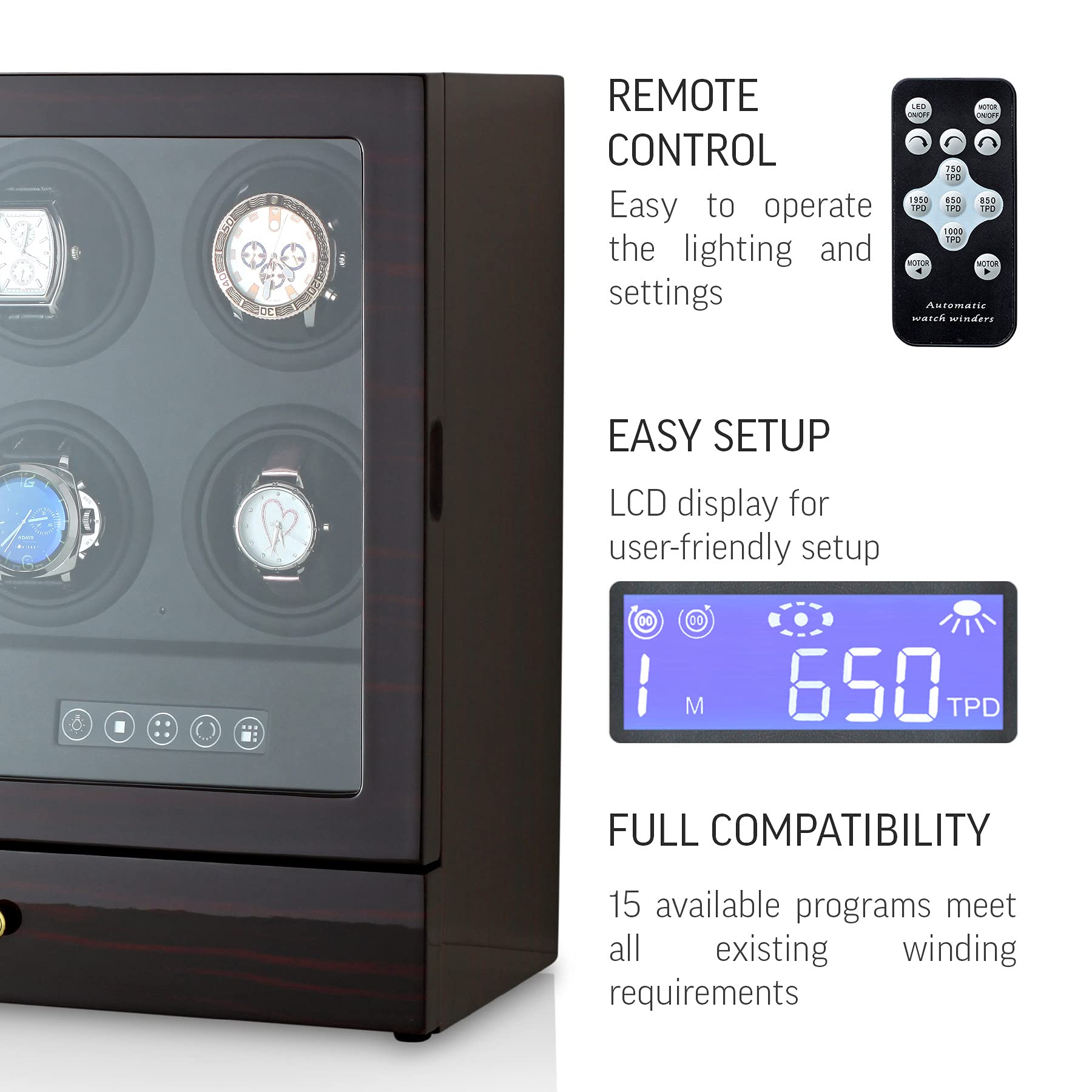 Watch Winder for Automatic Watches with Storage Drawer, LED Light, LCD Display and Remote Control (Ebony + Black)