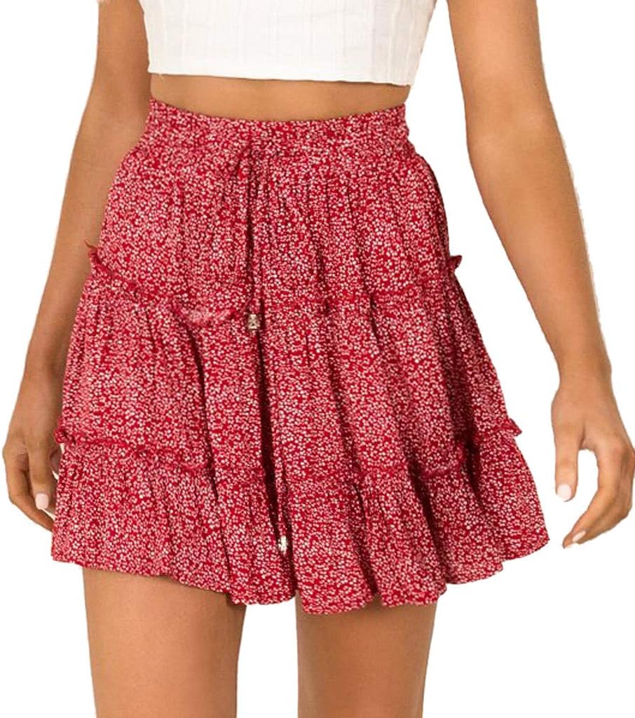 Ruffled Mini Skirt for Women Summer Bohe High Waist Floral Print Beach Short Skirt