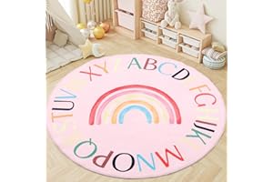 Truqual Nursery Rug Round Rainbow Classroom Rug Elementary, Non-Slip Rainbow Rug for Girls Room, Extra Large Learning Carpet for Kids Playroom, Circle Play Mat for Toddlers