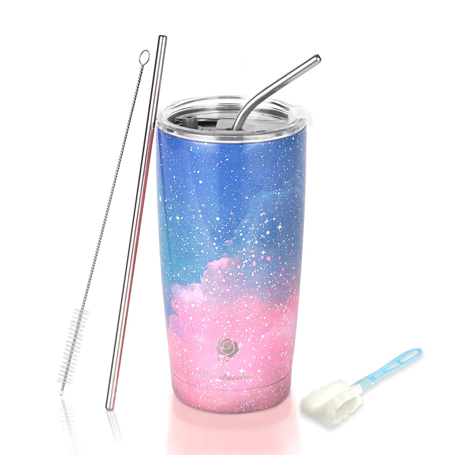 20 oz. Tumbler Double Wall Stainless Steel Vacuum Insulated Coffee Cup with Splash-Proof Lid, 2 Metal Straws and Brush, Travel Mug for Home Office School (Starry Night-Pink)