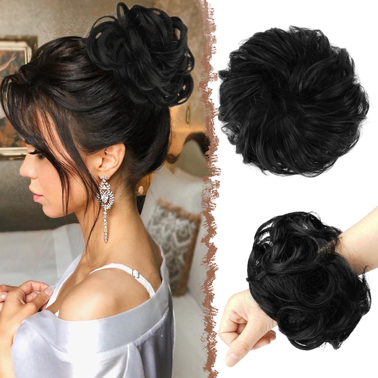 FESHFEN Messy Bun Hair Piece Hairs Scrunchies Thick Curly Wavy Pony Tail Synthetic Accessories Donut Updo Hairpieces for Women Girls 55g, Off Black