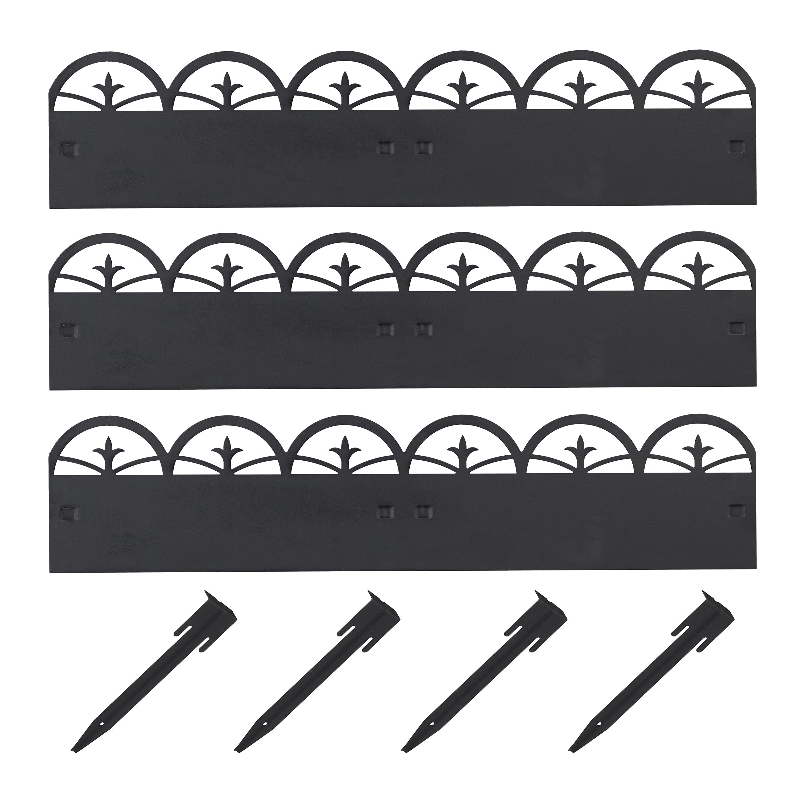 Relaxdays metal lawn edging, decorative garden borders, 3 fence elements, with ground spikes, 274.5x7.5 cm (LxH), black